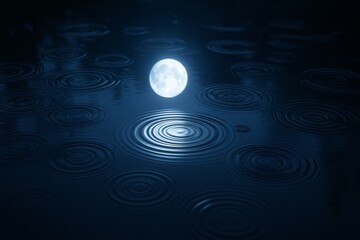 Wall Mural - Abstract surreal moonlight scene with glowing moon on water surface and ripples in dark blue rainy night background. Ai generative. Ai generative