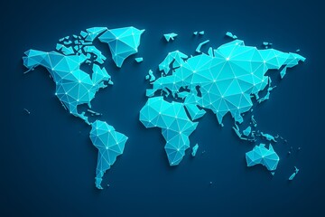 Wall Mural - Abstract glowing polygonal world map composed of interconnected triangular shapes on a dark blue background with bright light effects and depth shadows. Ai generative