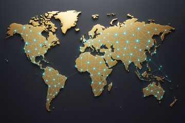 Wall Mural - golden world map with glowing network connections on dark background, symbolizing global communicati