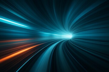 Wall Mural - futuristic motion tunnel with glowing blue and orange light trails on dark background, symbolizing s