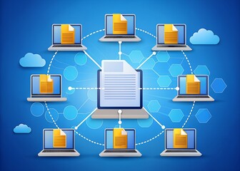 network of laptops connected to a central document, representing data sharing and cloud computing