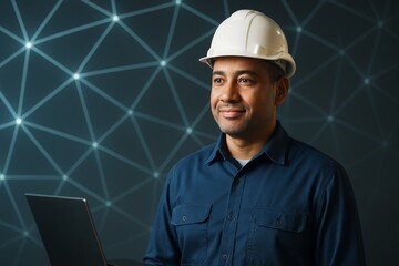 Wall Mural - engineer in hard hat using laptop with smiling expression on abstract digital light background in da
