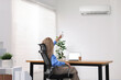 © New Africa - Woman using remote to control air conditioner in office