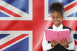 © New Africa - Little girl with book against flag of United Kingdom. Language school