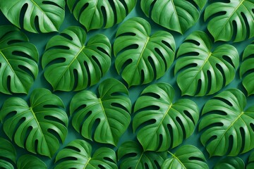 Wall Mural - tropical monstera leaves pattern with vibrant green tones forming a seamless background concept in a