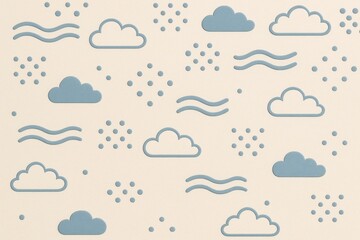 Wall Mural - light blue abstract weather icons including clouds, rain, and wind on beige background in minimal cr