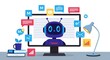 © MSTHIRAMONY - A friendly blue robot with headphones sits on a desk in front of a computer screen, surrounded by chat bubbles, icons, and a desk lamp, representing artificial intelligence and communication