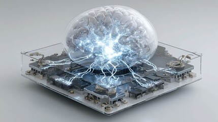 Floating memory augmentation chamber with holographic read-write head and neuro-empathic syncing array isolated on white for advanced cognitive enhancement tech