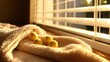 © khuraikah - Soft, beige throw draped over a windowsill, with yellow decorative balls.