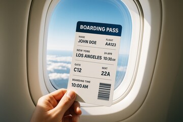 Wall Mural - Hand holding a boarding pass mockup in front of airplane window showing sky and clouds during flight for travel branding presentation concept. Ai generative