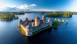 aerial panorama of olavinlinna castle and the surrounding lakes in savonlinna finland