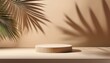 © Stella - minimalist product display podium with tropical palm leaf shadows cast on beige wall creating a serene and exotic ambiance for showcasing items