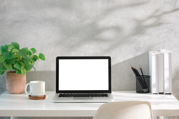 Wall Mural - Laptop with white screen, coffee mug, potted plant, and stationery against a light gray wall with natural shadows.
