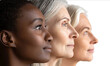 © axmilasky - A sideview photograph of three women with different skin tones one Black woman in her mid20s and two White women over the age of 65 set against an isolated b