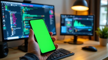 Green Screen Phone and Computer Set: A smart phone with a green screen in a user's hand, flanked by two computer screens displaying code and data, creates a modern tech workstation visual.