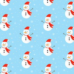 Wall Mural - Christmas seamless pattern.Winter repeat pattern with cute snowman and snowflakes isolated on light blue background.Vector graphic illustration wallpaper.
