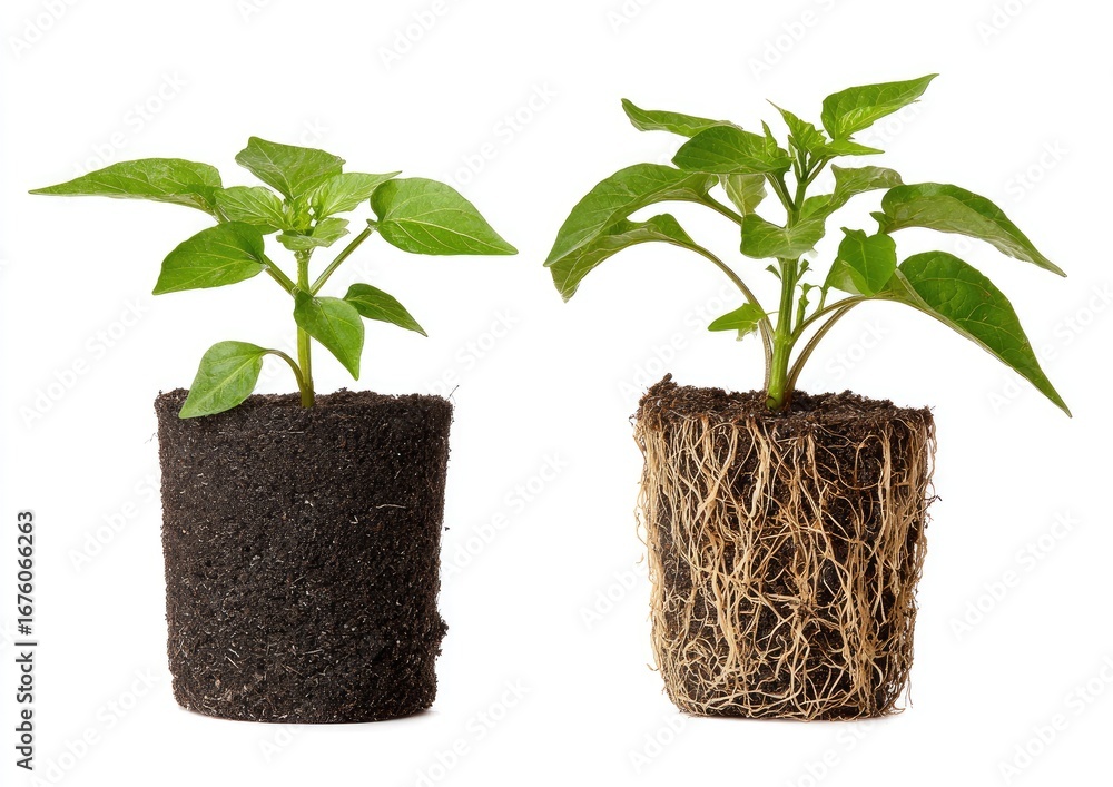 Two young pepper plants in pots, one with visible roots Stock Photo ...