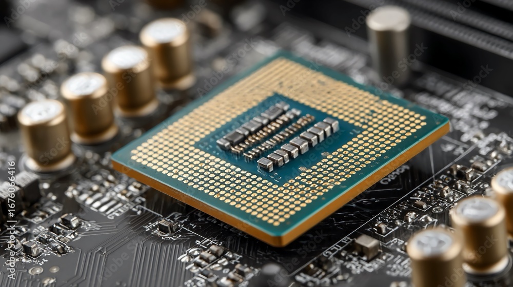Cpu Chip On Computer High resolution photo of CPU chip installed on motherboard with visible ...
