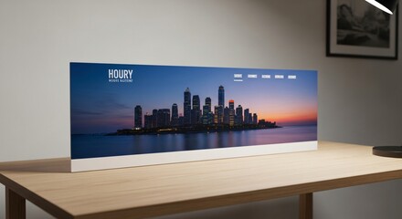 Displayed Cityscape Image on Wooden Table with Sunset Sky.