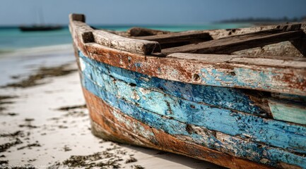  Weathered wooden fishing boat on a beach
