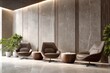 © Tarakan - Modern waiting area with light beige marble walls and brown leather armchairs