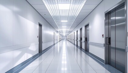  Bright, clean, modern hallway with reflective floors, multiple doors, and elevators, conveying sterile efficiency and contemporary architectural design