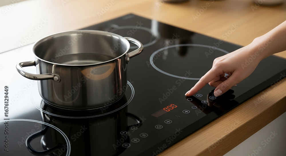 Modern induction cooktop with stainless steel pot and digital control ...