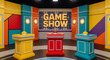 © designermetin - Bright colorful game show television stage with podiums and buttons under lights in a playful environment