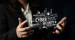 © InfiniteFlow - A professional hands showcase key cyber security concepts in a modern context. Words emphasize protection, identity, and risk awareness strategies in digital environments. Tessel