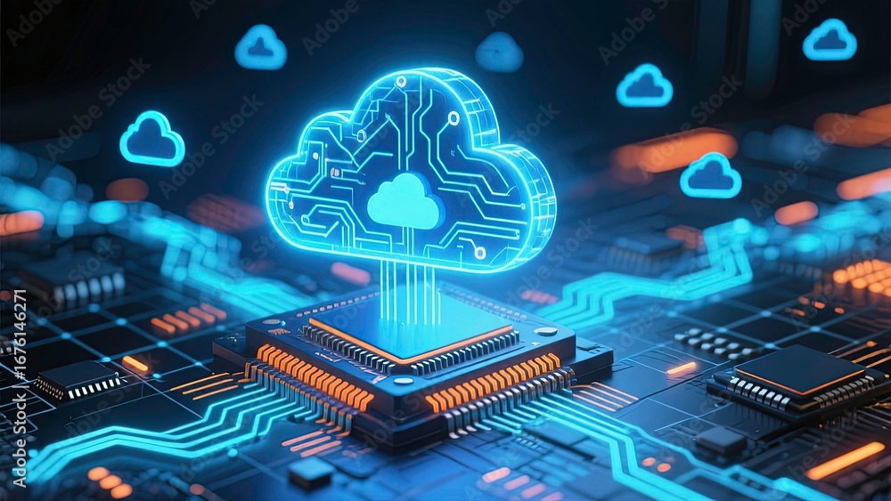 Digital cloud computing concept: a glowing holographic cloud cluster ...