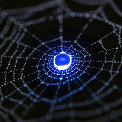 A spiderweb with a large water droplet in the center, illuminated with a blue light