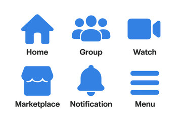 Facebook Icon Set Collection: Home, Group, Watch, Marketplace, Notification, Menu