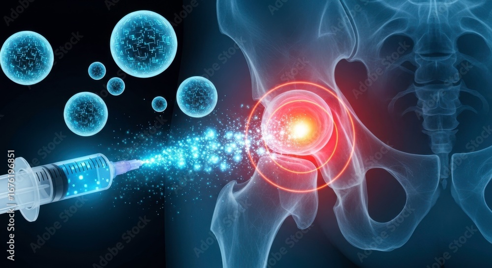Medical illustration showing hip injection with cells and x ray of the ...