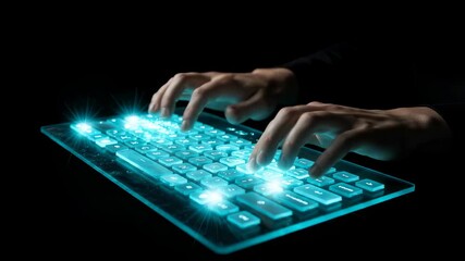 Man typing on a glowing blue virtual keyboard with bright light effects, future technology concept footage.