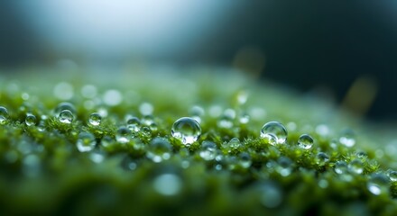 Macro view of dew drops on vibrant green moss, showcasing natures delicate beauty