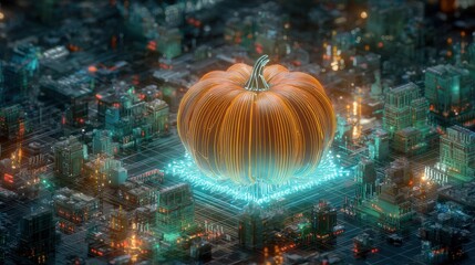 Isometric 3D render of a futuristic Halloween pumpkin serving robot with glowing trays and neon-lit details.