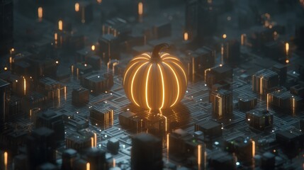 Isometric 3D render of a futuristic Halloween pumpkin serving robot with glowing trays and neon-lit details.
