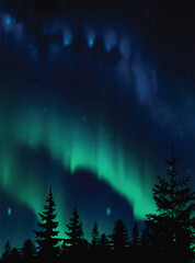 Wall Mural - black trees at green and blue aurora borealis
