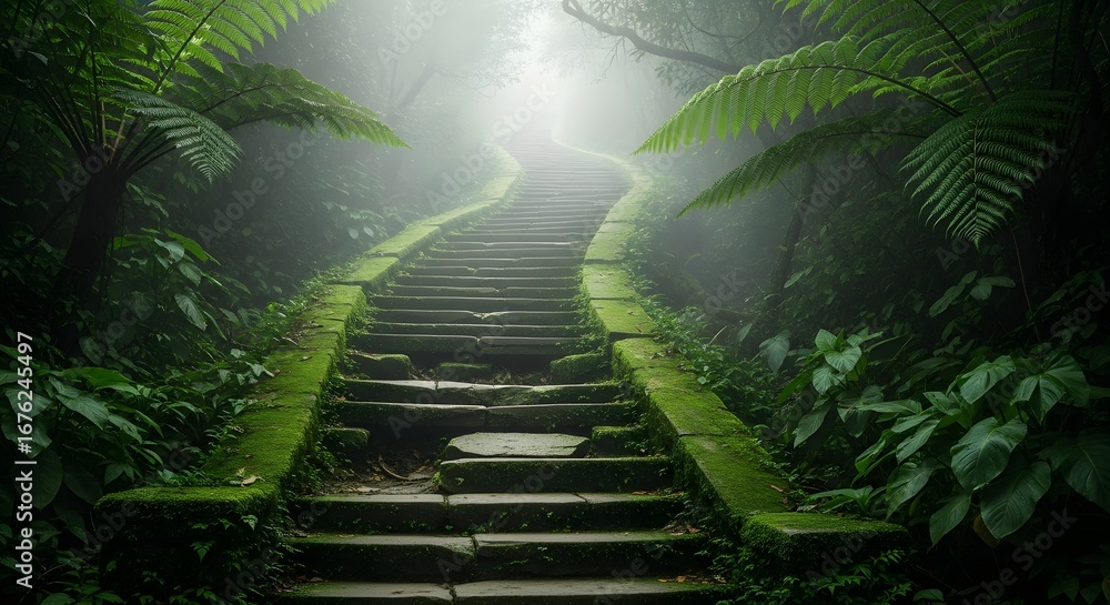 Stone staircase covered in moss leads up through a misty, lush green ...