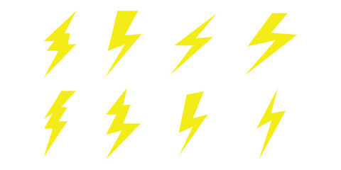  Glowing isolated lightning icon on white background. Different shapes vector isolated lightning set. Abstract thunder icon. Glowing charge elements.  Lightning silhouette set. EPS 10. 
