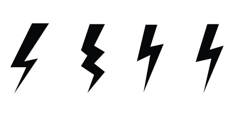  Lightning silhouette set. Black isolated lightning icon on white background. Different shapes vector isolated lightning set. Abstract thunder icon. EPS 10. 