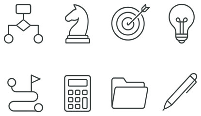 Business strategy linear icon set. featuring flowchart, chess, target, light bulb, timeline, calculator, folder, pen
