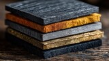 Stack of textured composite material samples showcasing different colors and finishes for construction and design applications