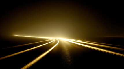 Wall Mural - Glowing road stretches into distance, illuminated by soft golden light against dark background, creating sense of mystery and tranquility