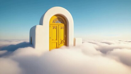 Wall Mural - golden door on a white stucco wall floats improbably on a sea of clouds, illuminated by the soft lig