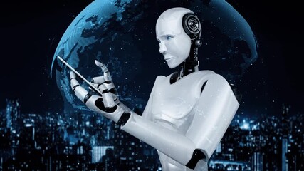 Wall Mural - robot hominoid use mobile phone or tablet for global network connection using ai thinking brain , ar