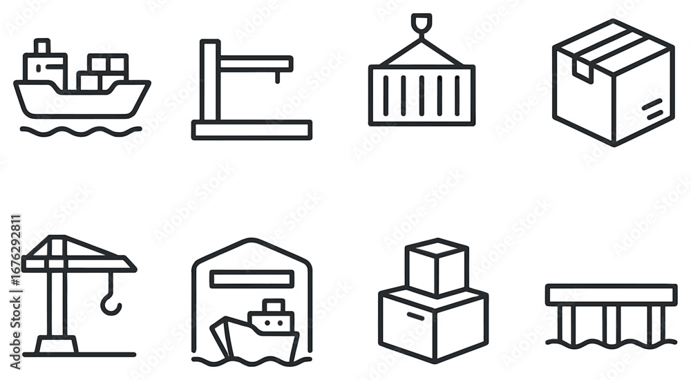 Shipping and logistics linear icon set. featuring ship, crane ...