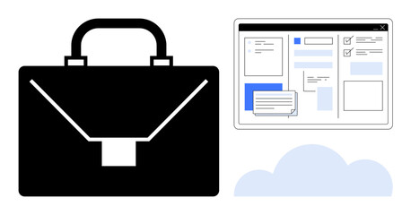 Black briefcase, digital interface with widgets, and cloud element representing business tools, data management, and digital collaboration. Ideal for productivity, technology, remote work