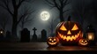 © innovative - dark halloween empty wooden table product display mockup with spooky pumpkin scene | product display, advertising, visual, campaign, still life theme