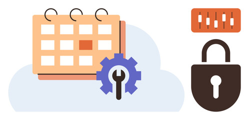 Calendar on cloud with cogwheel, lock, and chart. Ideal for scheduling, security, cloud computing, data analysis, productivity, organization and simple flat metaphor